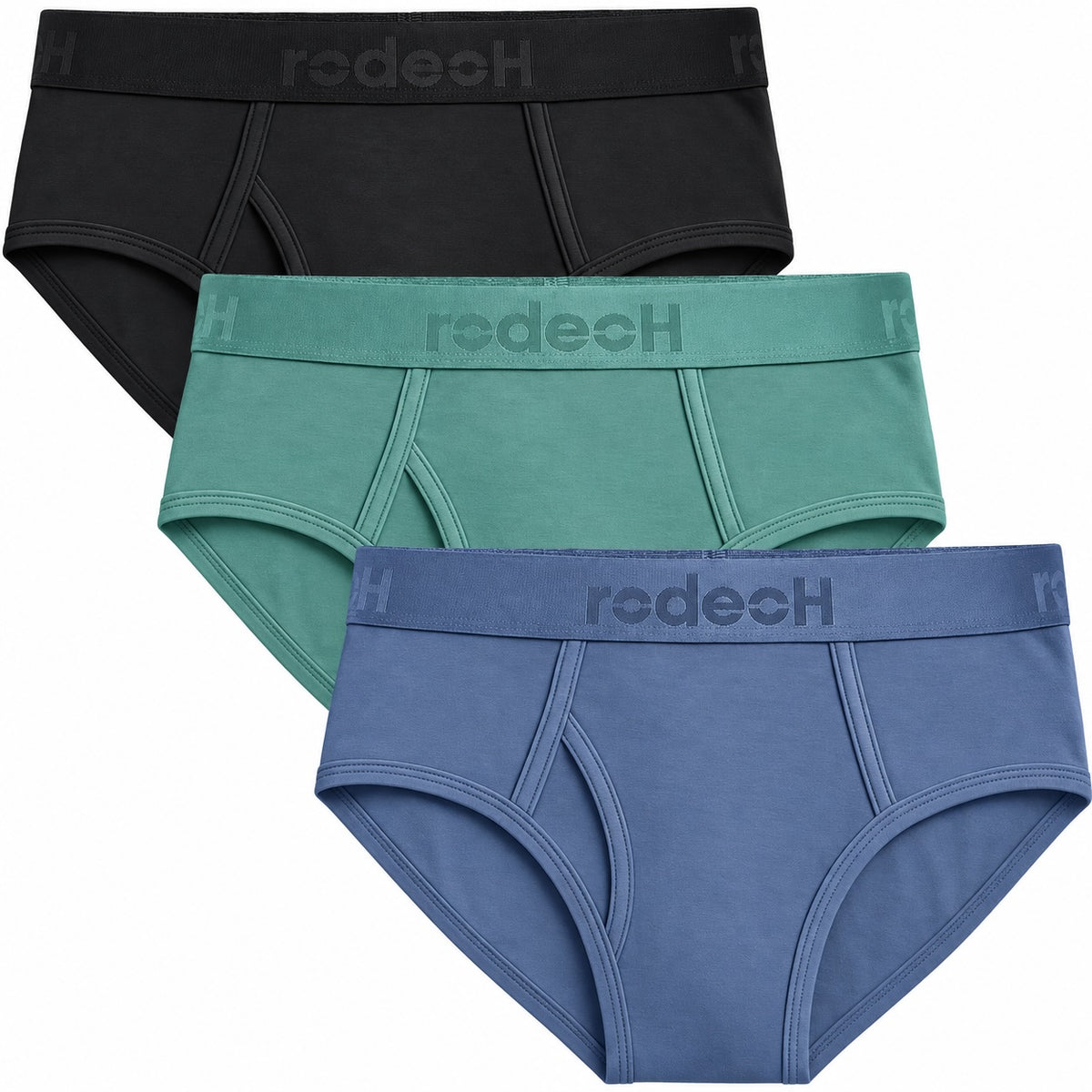 RodeoH Shift Brief Pacific Calm 3 pack: Black, Pacific Teal, and Slate Blue briefs stacked, from the front