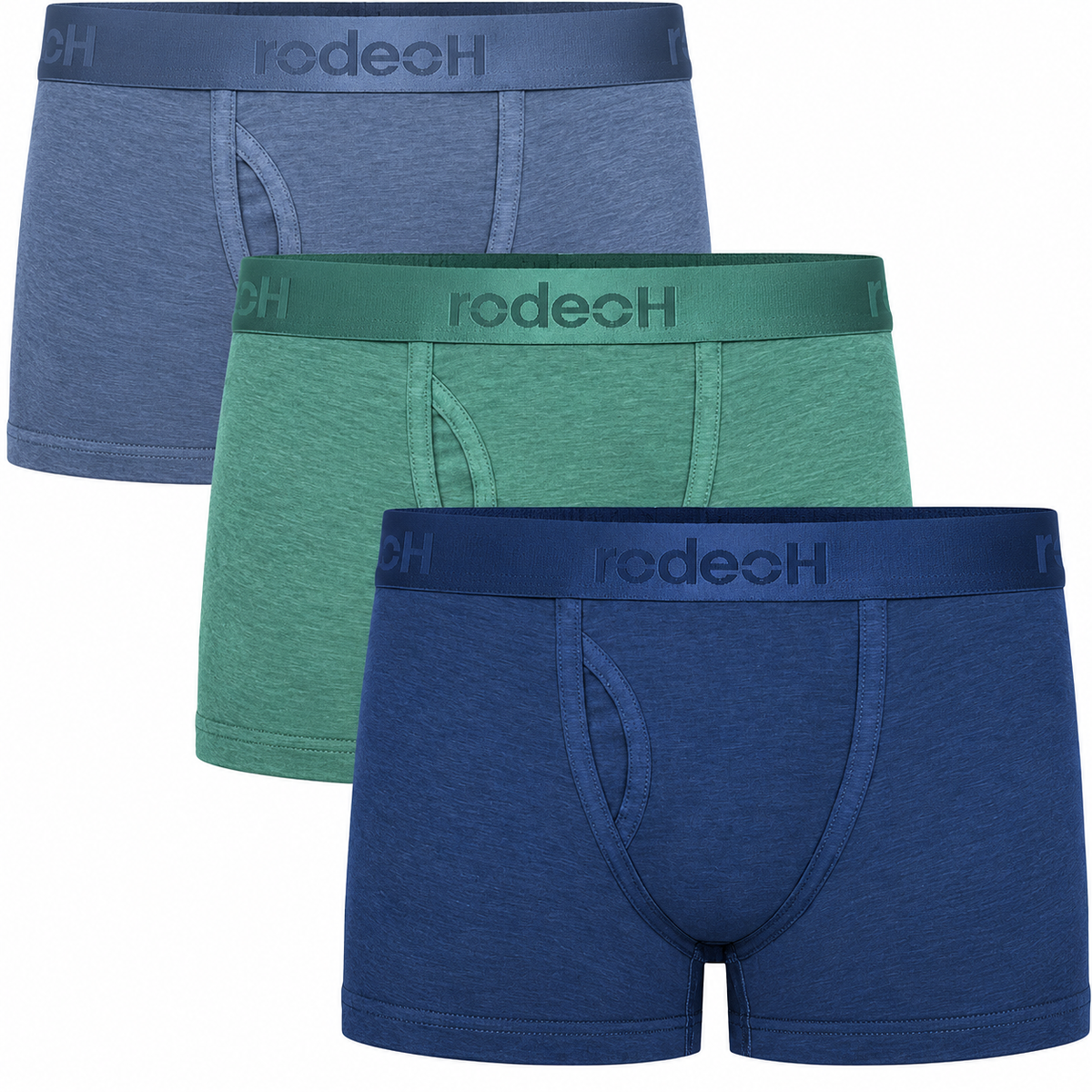 RodeoH Shift Short 3 pack Ocean: Dark Blue, Pacific Teal, and Slate Blue shorts stacked, from the front