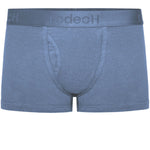 shift short underwear by rodeoh in slate blue with logo waistband from the front, laid flat