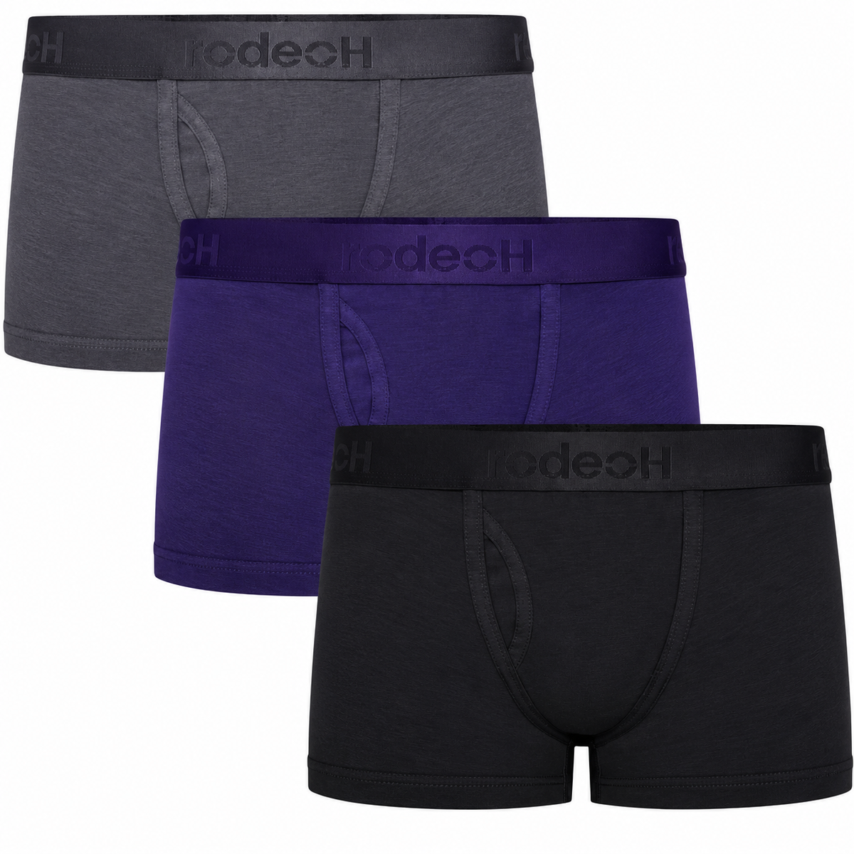 RodeoH Shift Short Packer Underwear 3 pack in dark purple, black and gray, stacked, from the front