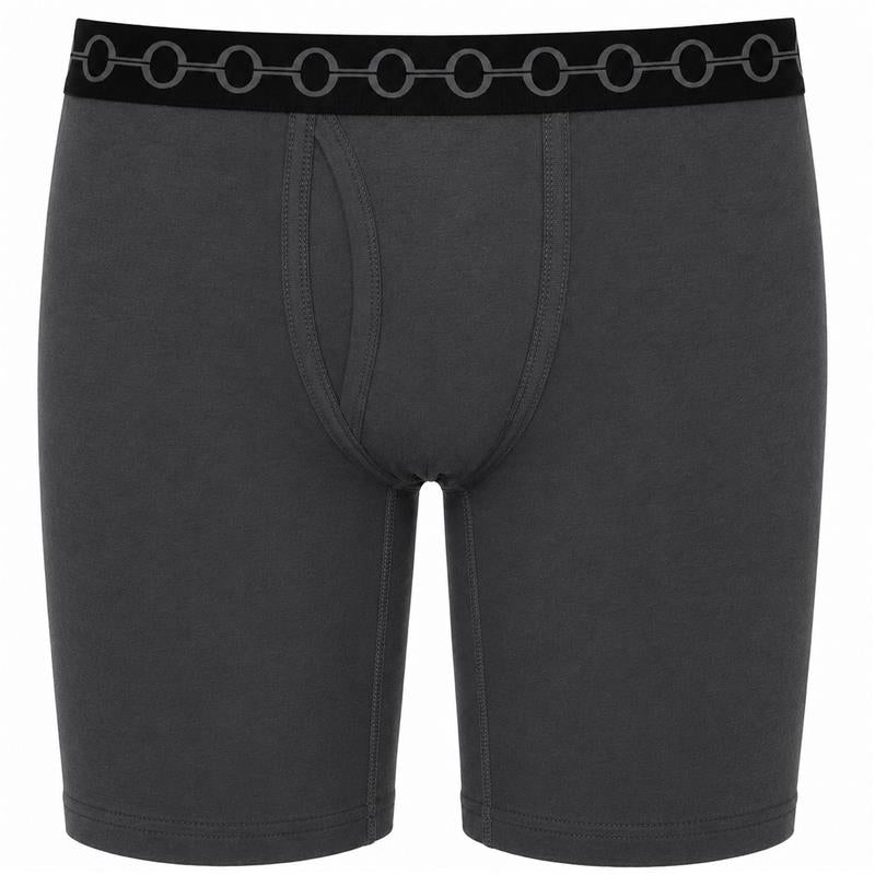 Dark gray unisex boxer briefs with a black waistband featuring a repeating gray interlocking rings logo.