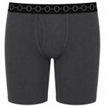 9" Dark gray unisex boxer briefs with a black waistband featuring a repeating gray interlocking rings logo.