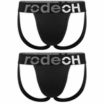 Two black jockstrap briefs with a wide elastic waistband featuring the brand name 'rodeoh' in silver lettering, displayed against a solid white background.