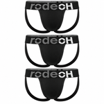 Two black jockstrap briefs with a wide elastic waistband featuring the brand name 'rodeoh' in silver lettering, displayed against a solid white background.