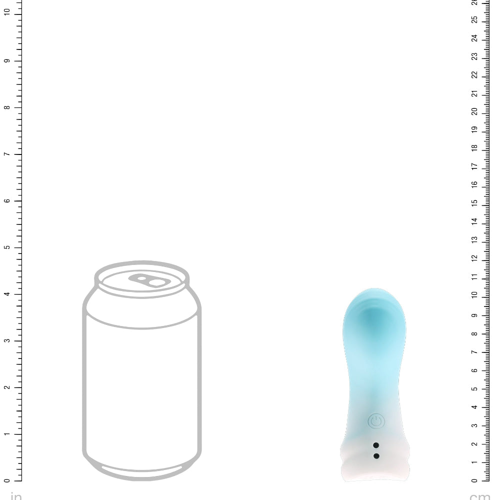 Loveline mist blue silicone finger vibrator next to a standard soft drink can for size reference with rulers on either side