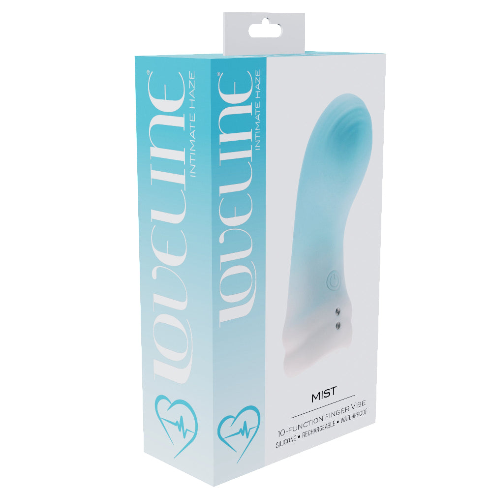 Loveline mist blue silicone finger vibrator packaging form the front and one side