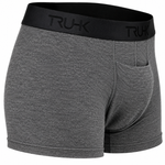 Side angle of TRUHK gray boxer briefs with a supportive contoured pouch, soft heathered fabric, and sleek black embossed waistband.