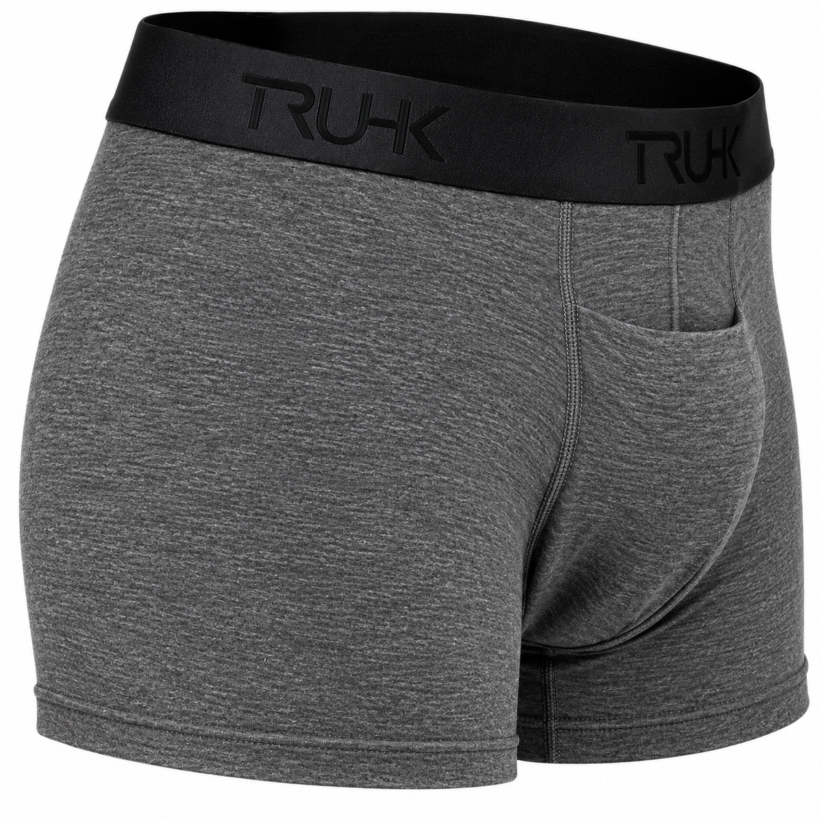Side angle of TRUHK gray boxer briefs with a supportive contoured pouch, soft heathered fabric, and sleek black embossed waistband.