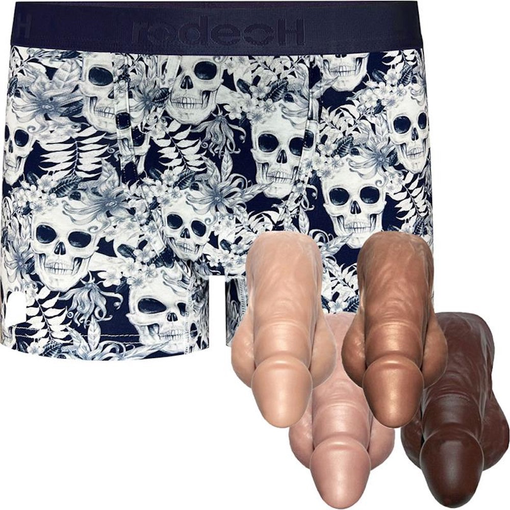 Pete silicone soft packer with classic Top Loading Midnight Skulls boxer, all colors shown in vanilla, caramel, dark caramel and chocolate
