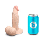 slipskin 6" cream silicone sliding skin dildo, next to a standard soft drink can for size comparison