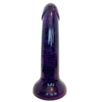 Nexus Sol silicone firm dildo in black berry, a purple and black swirl, flat on its suction base, from the under shaft or back