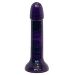 Nexus Sol silicone firm dildo in black berry, a purple and black swirl, flat on its suction base, from the top side of the shaft, or front