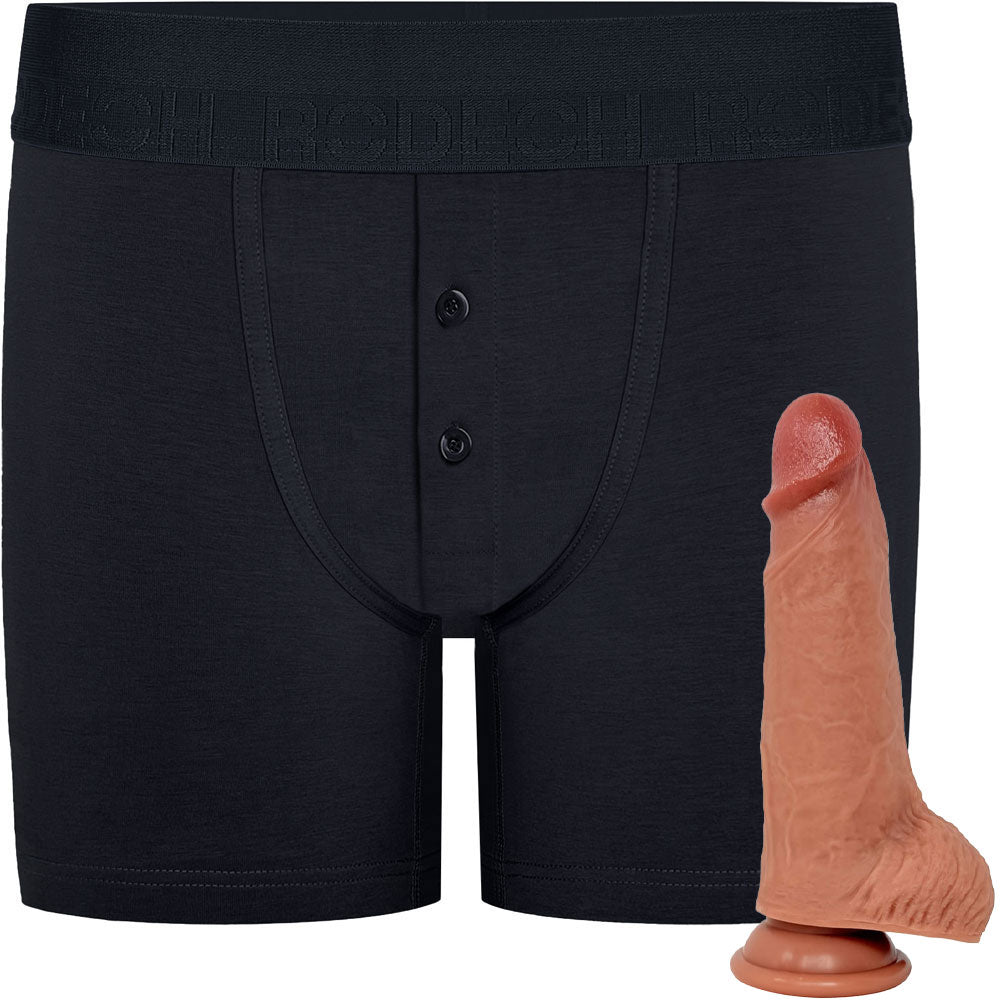 RodeoH Black Button fly boxer harness flat from the front with caramel color of 6" Slyder dildo shown from the side
