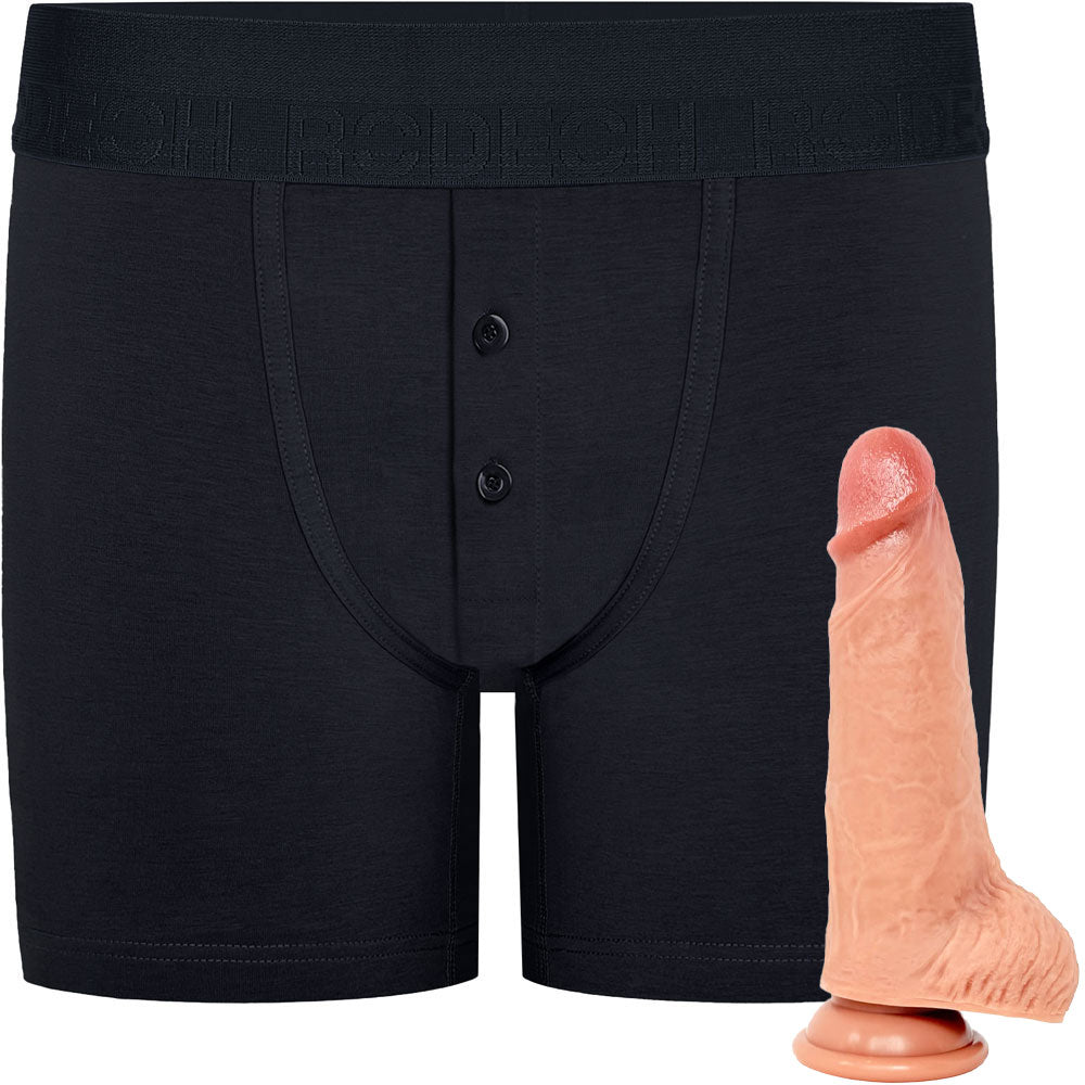 RodeoH Black Button fly boxer harness flat from the front with vanilla color of 6" Slyder dildo shown from the side