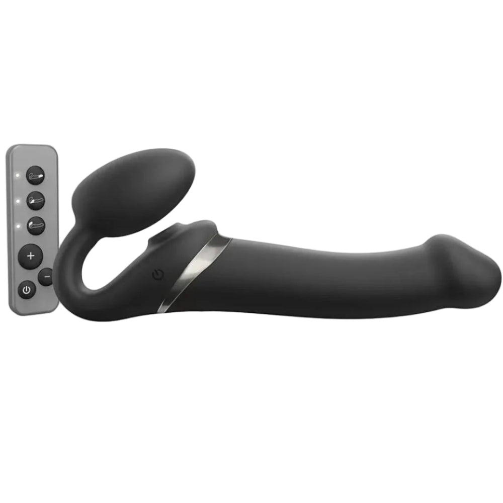 Strap on me multi orgasm strapless strap on vibrator in black in size large, from the side with wireless remote control