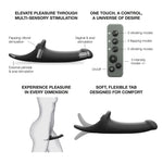 strap on me multi orgasm triple stimulating strap on dildo in black remote functions graphic, how to use, and features