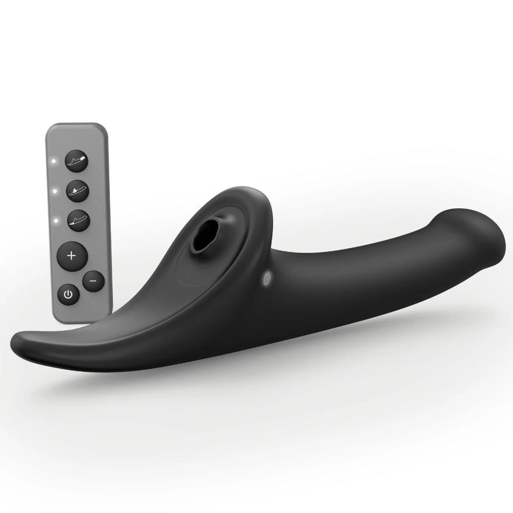 strap on me multi orgasm triple stimulating strap on dildo in black from the side and back with wireless remote