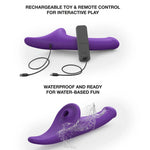 Strap on me Multi orgasm triple stimulating strap on dildo, in purple with remote from the side and back, as well as with chargers connected