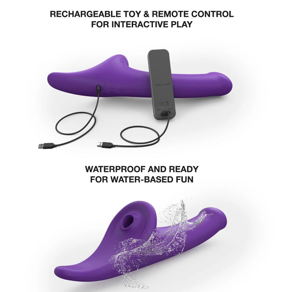 Strap on me Multi orgasm triple stimulating strap on dildo, in purple with remote from the side and back, as well as with chargers connected