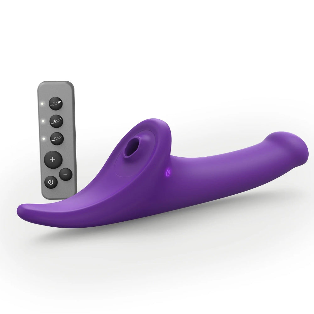 Strap on me Multi orgasm triple stimulating strap on dildo, in purple with remote from the side and back