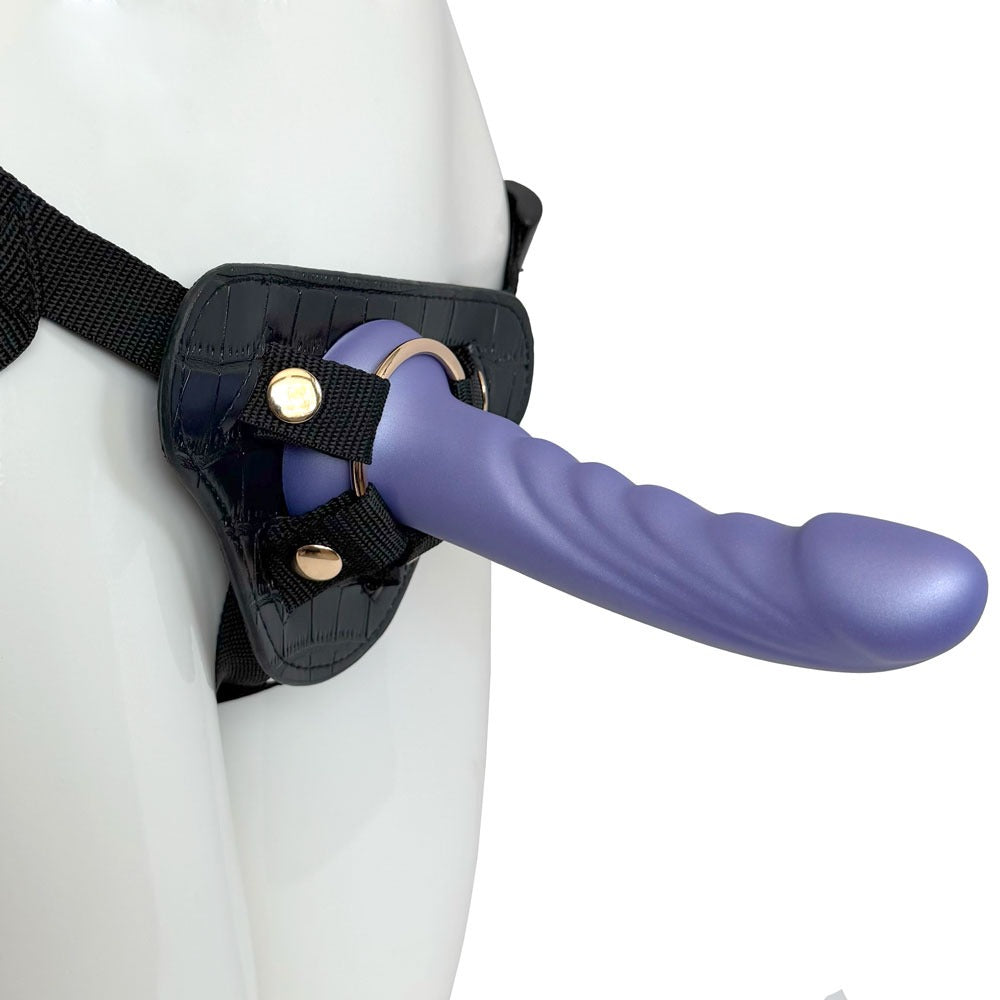 Nexus silicone  fun and love harness and silicone dildo set, with purple tease inserted 