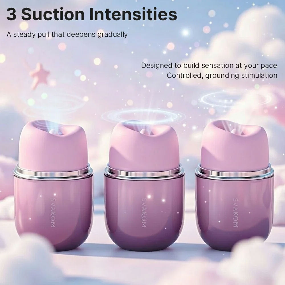 Svakom Klitty Sucking licking purple silicone clitoral stimulator, with silicone mouth exposed and plastic cat ear lid taken off with graphic of three suction intensities