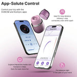 Svakom Klitty Sucking licking purple silicone clitoral stimulator,  next two two cell phones displaying svakom app control capabilities