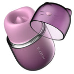Svakom Klitty Sucking licking purple silicone clitoral stimulator, with silicone mouth exposed and plastic cat ear lid taken off