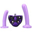 Purple Tantus Bend over Kit with purple velvet harness and 2 purple silicone dildos standing on the flat base next to the harness