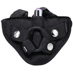 Black Bend over Beginners strap on kit close up of black velvet finish harness with included mini bullet vibe inserted into the built in vibe pocket