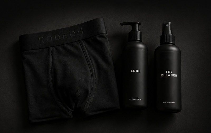Black unisex underwear with a visible RODEOH waistband, shown next to two black bottles labeled LUBE and TOY CLEANER on a dark background.