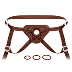 Together Toys NudeFit chocolate adjustable strap on harness, from the front, with  included 3 silicone orings.