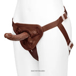 Together Toys NudeFit chocolate adjustable strap on harness, on a mannequin from the front, and side with  a dildo inserted