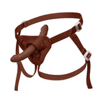 Together Toys NudeFit chocolate adjustable strap on harness, from the front, and side with a double side dildo inserted