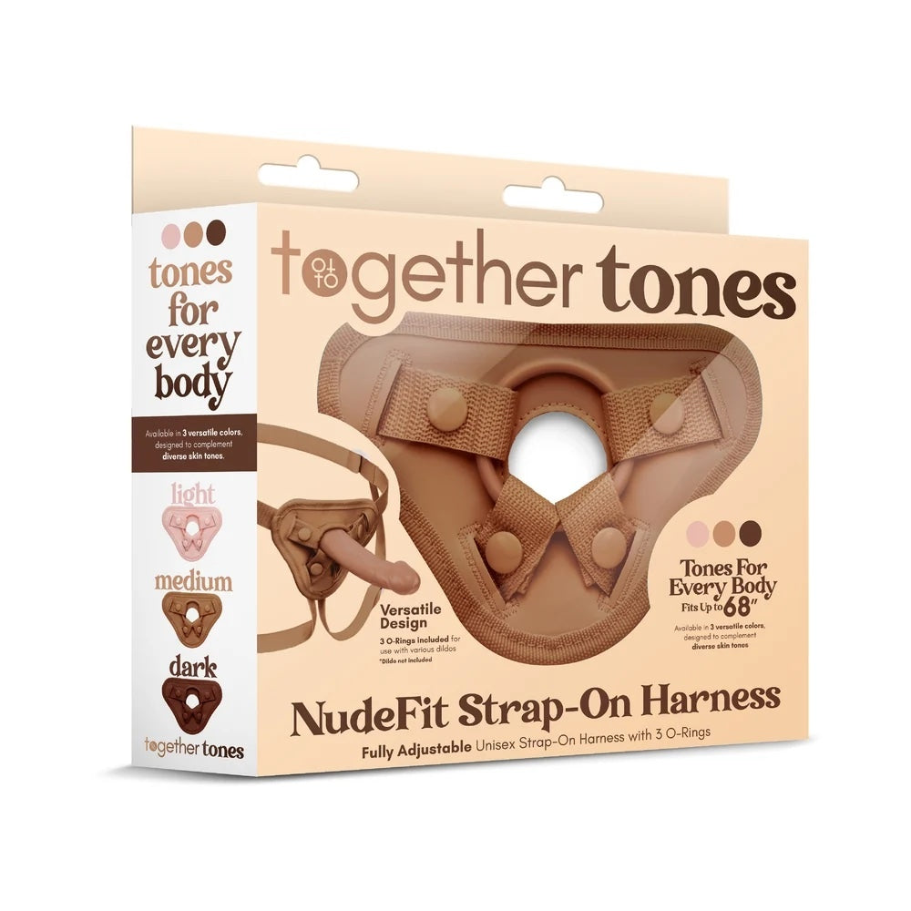 Together Tones Nude fit caramel colored strap on harness packaging from the front
