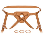 Together Tones Nude fit caramel colored strap on harness, from the front, with the 3 included orings.