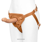 Together Tones Nude fit caramel colored strap on harness on a mannequin with a dildo inserted, from the front,  and side.