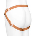 Together Tones Nude fit caramel colored strap on harness, on a mannequin, from the back and side