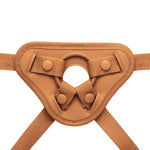 Together Tones Nude fit caramel colored strap on harness, from the front, zoomed in on the front plate