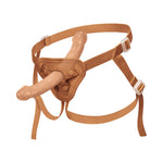 Together Tones Nude fit caramel colored strap on harness, from the front, and side with a double sided dildo in the pass through o ring