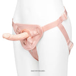 Together Toys Nudefit Adjustable Vanilla Strap on harness, on a mannequin form the front, and side with a dildo inserted