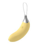 Top banana silicone banana shaped mini vibrator from the side, with power button showing and included wrist strap attached