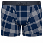 A pair of men's boxer briefs by Rodech, featuring a navy blue and gray plaid pattern with a dark gray elastic waistband.
