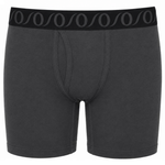 FTM top loading 6" dark gray boxer briefs with a black elastic waistband featuring a repeating gray logo pattern, shown against a plain white background.