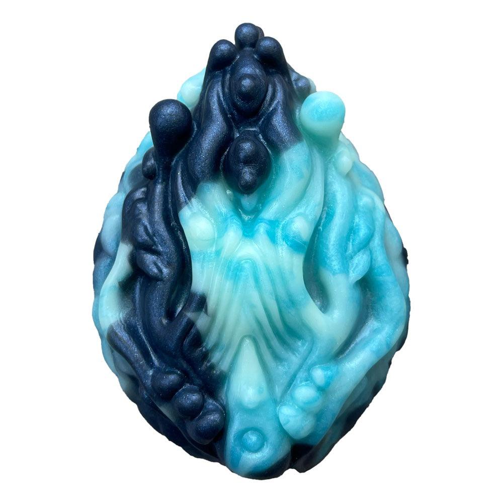 Pris Toys Tribble fantasy silicone dildo cushion with vibe hole from the front in Night tide, a blend of blues