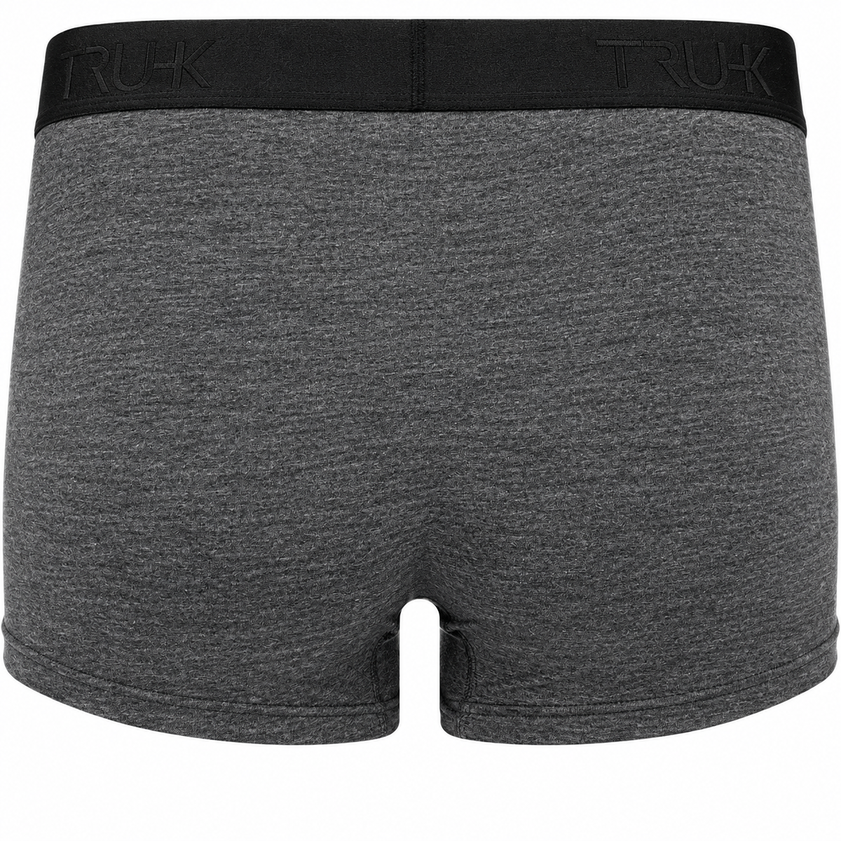 Back view of the TRUHK gray boxer briefs,  soft heathered fabric, and sleek black embossed waistband.