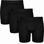 Three pairs of black boxer briefs arranged in a staggered overlapping layout on a plain white background. The brand name 'TRUHK' is subtly embossed on the waistband of each pair.