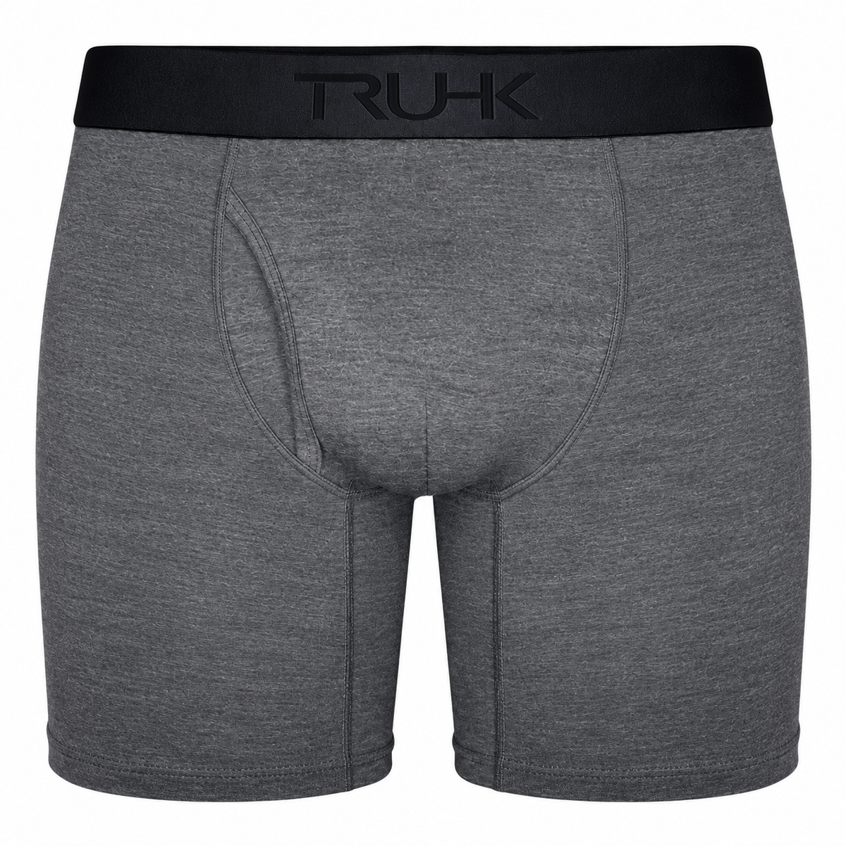Gray heathered men's boxer briefs with a black elastic waistband featuring the embossed brand name 'TRUHK'.