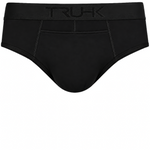 Black men's briefs with a wide waistband featuring the embossed brand name 'TRUHK' in black, shown against a plain white background.