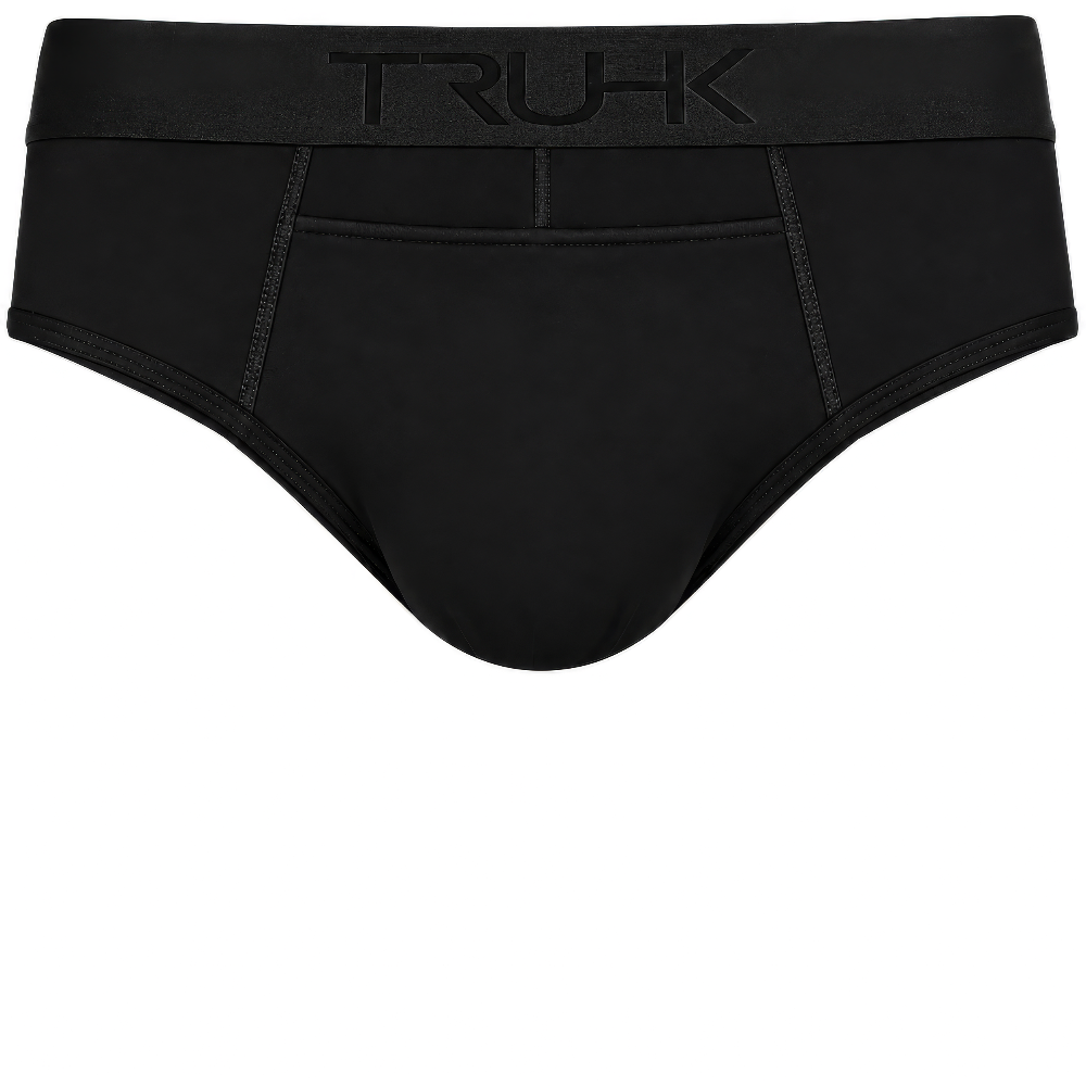 Black men's briefs with a wide waistband featuring the embossed brand name 'TRUHK' in black, shown against a plain white background.